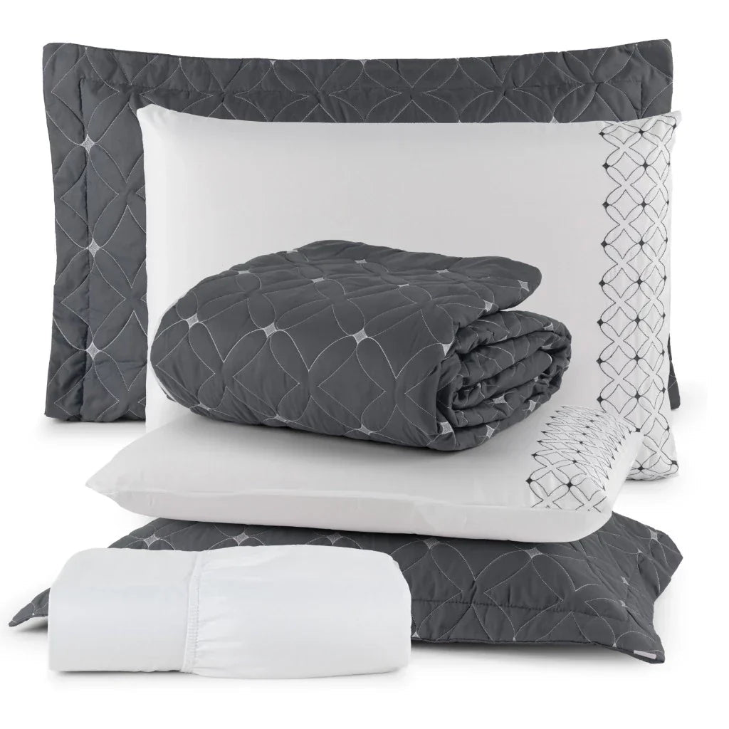 Conjunto de 6 Peças para Casal com Bordado - Cobre Leito e Lençol Ideale 200 Fios - Lora Enxovais