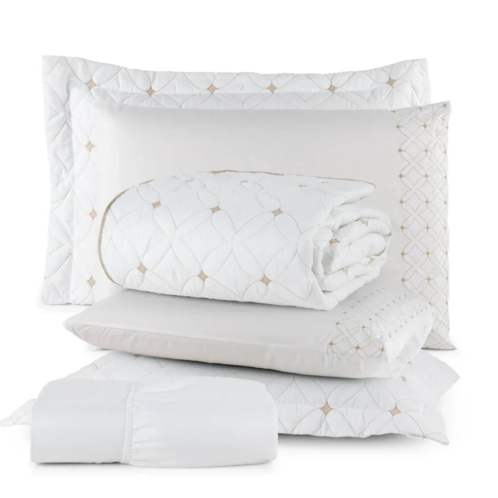 Conjunto de 6 Peças para Casal com Bordado - Cobre Leito e Lençol Ideale 200 Fios - Lora Enxovais