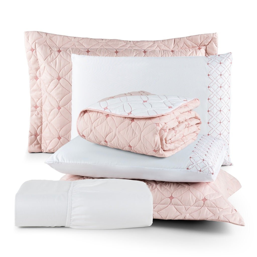 Conjunto de 6 Peças para Casal com Bordado - Cobre Leito e Lençol Ideale 200 Fios - Lora Enxovais