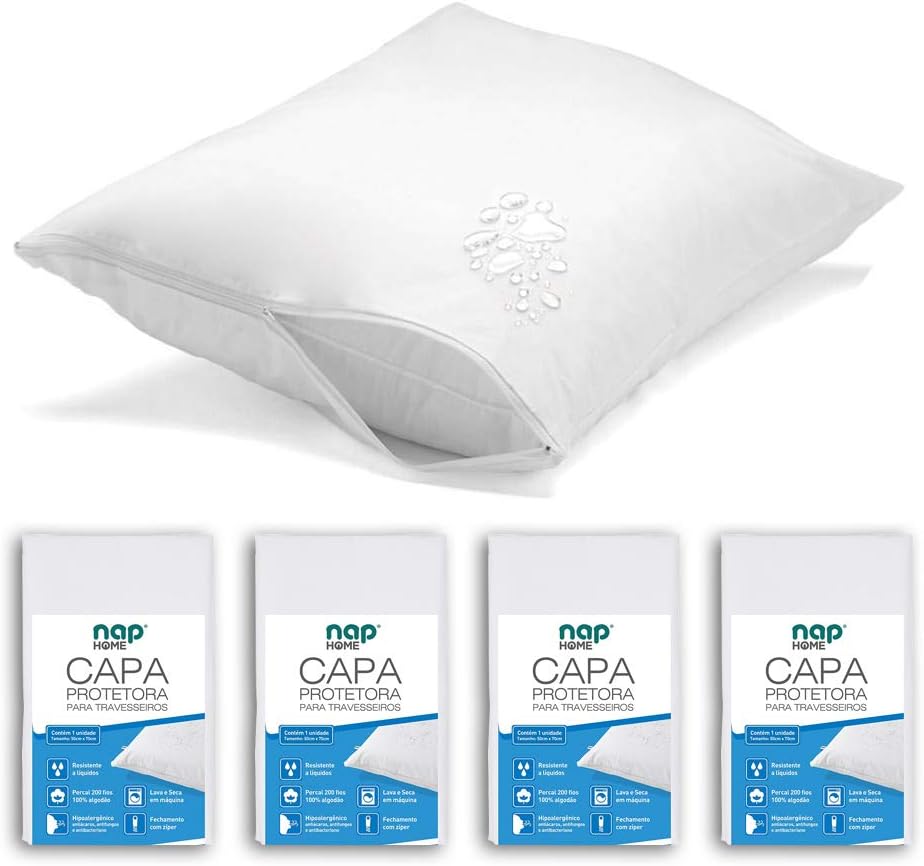 Kit 4 Capas de Travesseiro Nap Home Impermeável - Não faz ruído - 200 Fios 50x70cm Branco - Lora Enxovais