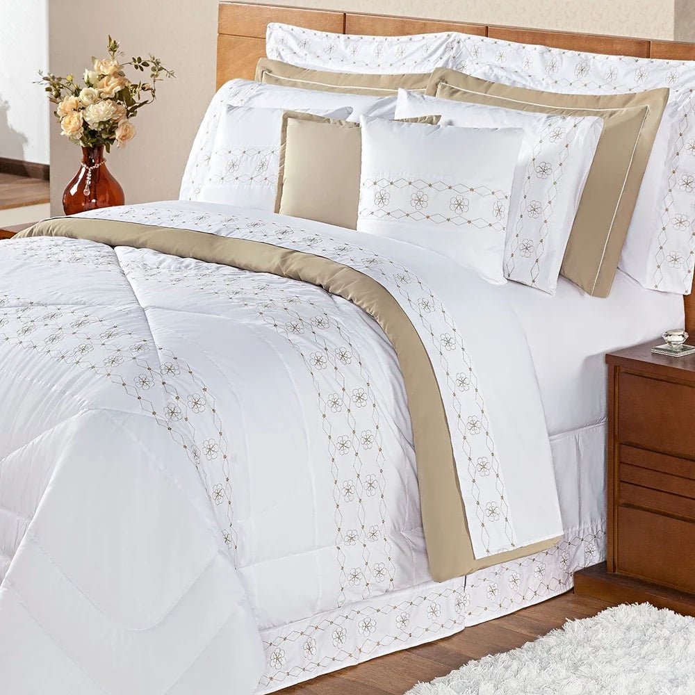 Kit Edredom De Luxo 11 Peças Damasco Cama Casal Queen King Percal 200 Fios - Lora Enxovais