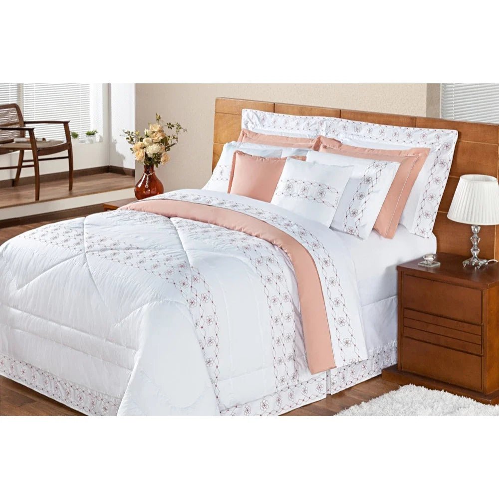 Kit Edredom De Luxo 11 Peças Damasco Cama Casal Queen King Percal 200 Fios - Lora Enxovais