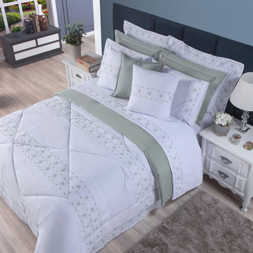 Kit Edredom De Luxo 11 Peças Damasco Cama Casal Queen King Percal 200 Fios - Lora Enxovais